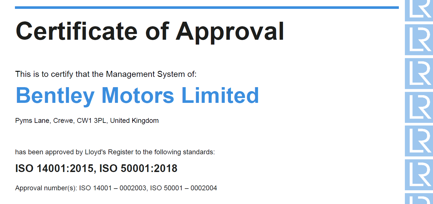 Bentley Motors' headquarters in Crewe has been successfully reaccredited with the latest ISO 14001:2015 environmental management standard and ISO 50001:2018 energy management standards.
