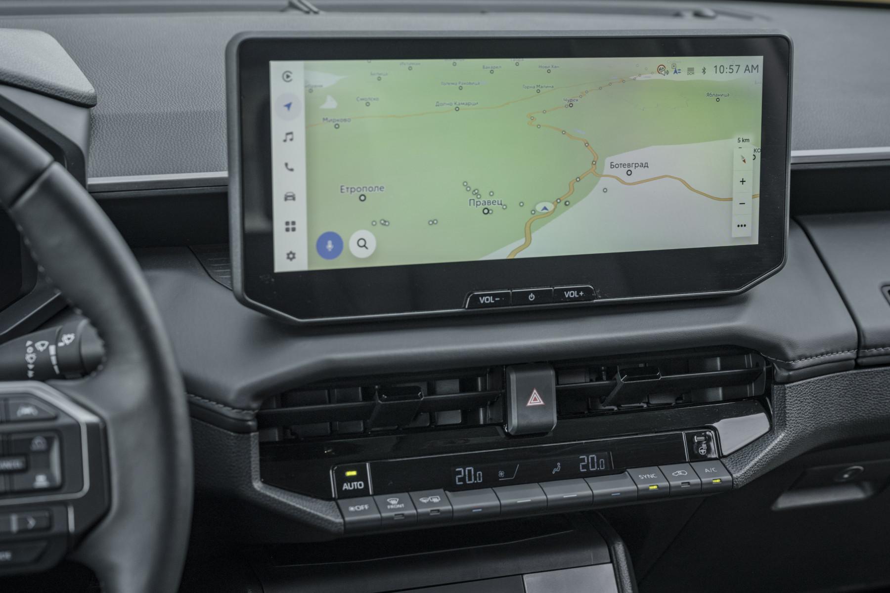 The slim and lightweight 12.3-inch instrument panel with hard-wearing synthetic leather single-stitch detail on the dashboard of the 2027 Hilux